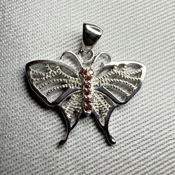 Sterling Silver Butterfly Pendant / Charm Red-Orange CZ Stones w/ Gift Box ๐ - Picture 1 of 7